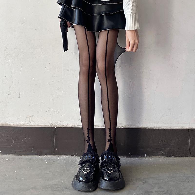 

Женские весенние прозрачные колготки телесного цвета, леггинсы с завязками на спине, длинные носки с вертикальными полосками на спине One Size