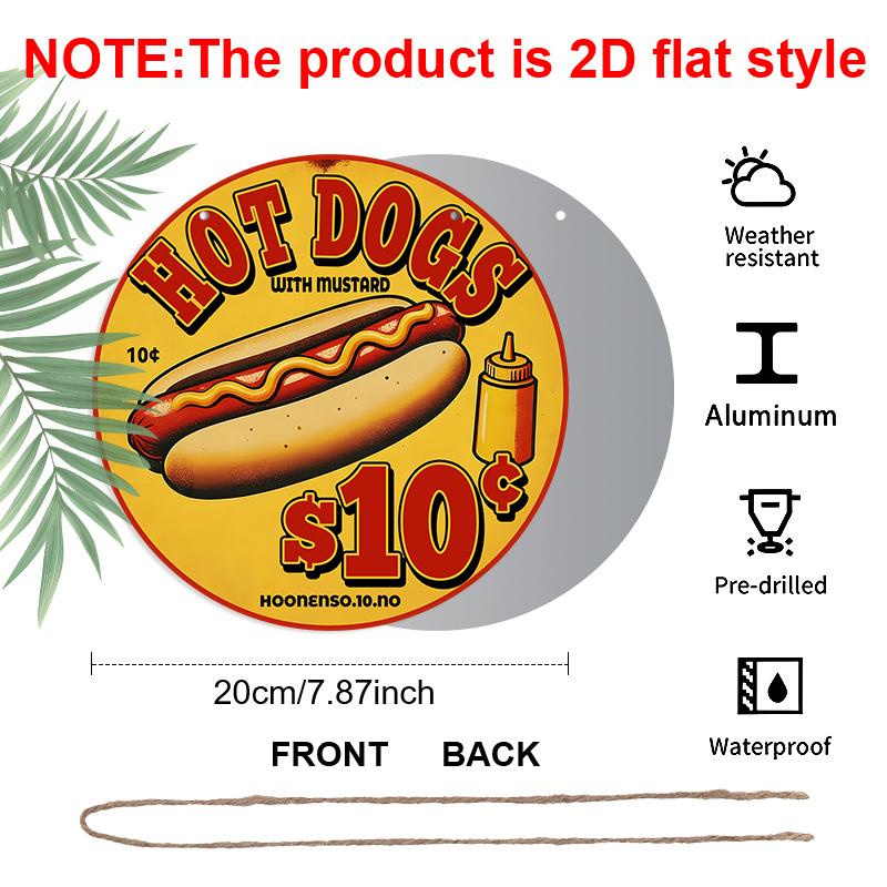 2D Flaches Aluminium Vintage Retro Hot Dog Metallschild, Runde Hängende Plakette, Klassische Fast Food Wandkunst Dekoration für Küche Diner Restaurant Café Grill