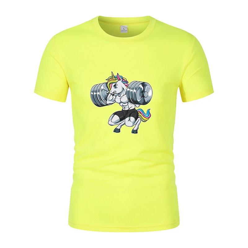Fun Gym Unicorn Weightlifting Fitness Bodybuilding Printed Round Neck T-Shirt Summer Breathable Quick-Dryingcasual Short Sleeves