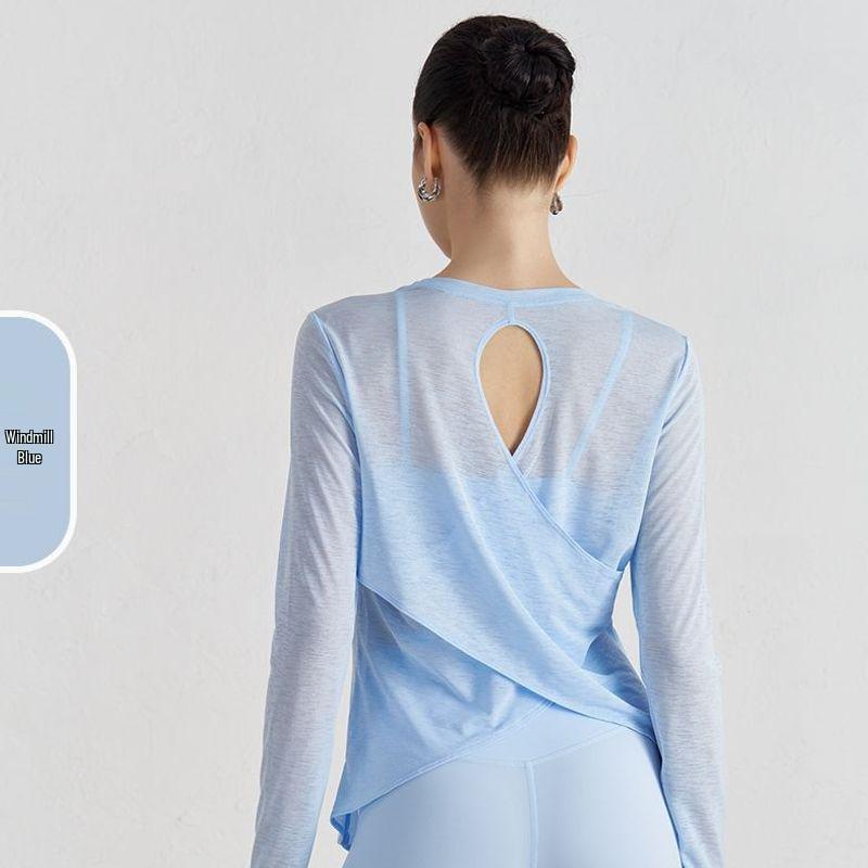 Women's Breathable Long Sleeve Yoga Top with Crossed Hem and Sun Protection
