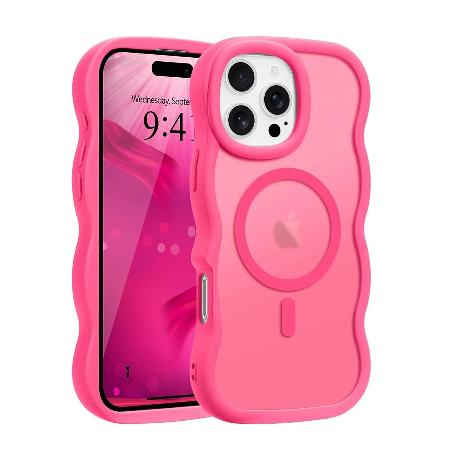 

Luxury Wavy Frame translucent Magnetic Wireless Charge Shockproof Case For 16E 16 15 14 13 12 Pro Max Plus Cover For iPhone 14 красный