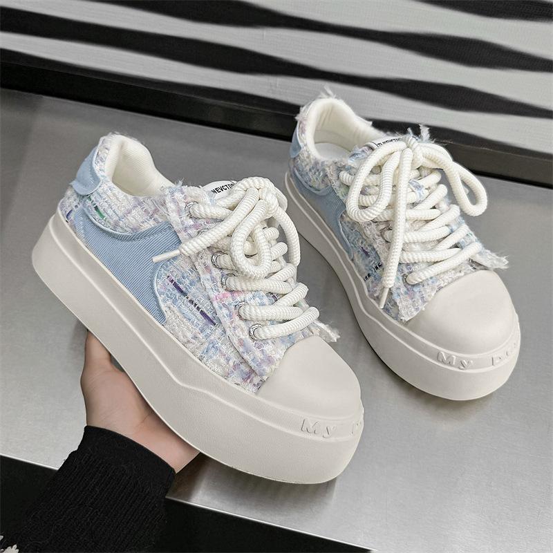 Spring black and white canvas shoes platform heightening casual big head shoes niche comfortable board shoes