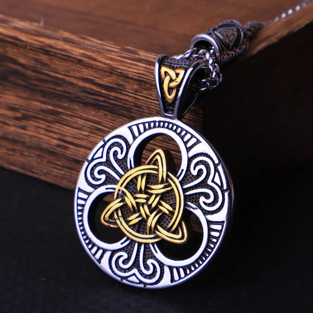 Vintage Stainless Steel Viking Celtics Knot Trinity Pendant Necklace Men's Chain Nordic Odin Viking Necklace Amulet Jewelry Gift
