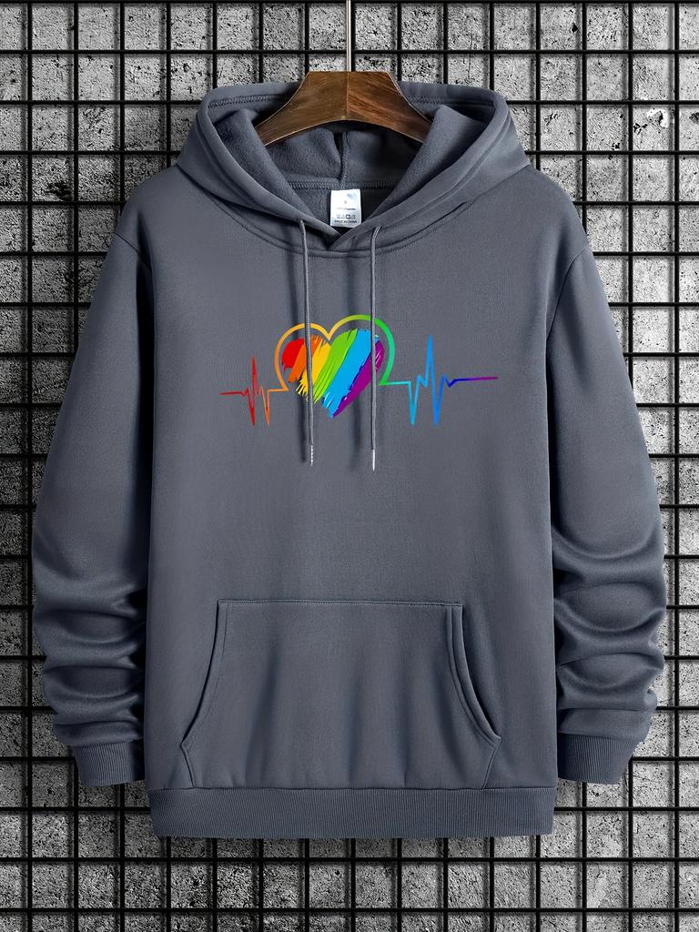 2025 Rainbow Heartprint 2D Hoodie Men's Casual Pattern Long Sleeve Hoodie