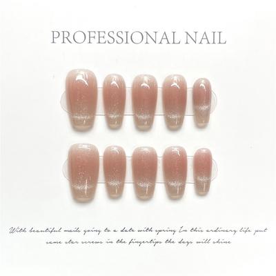 [HANDMADE]Artificial Nail Peach Cat Eye Nude Pink Phototherapy Nails Reusable and Removable Nails