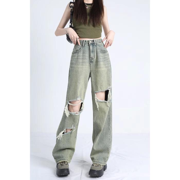 

Женские джинсы с высокой талией, рваные, с широкими штанинами, 2024: Весенне-осенние широкие брюки до пола в стиле «попрошайка» S