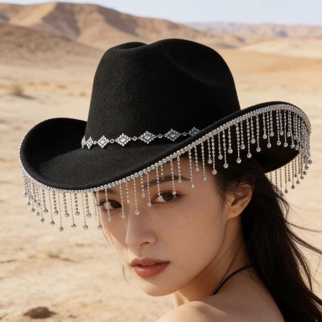 European and American Women's Felted Bridal Top Hat Fringed Rhinestone Western Cowboy Hat Party Festival Dance Jazz Hat