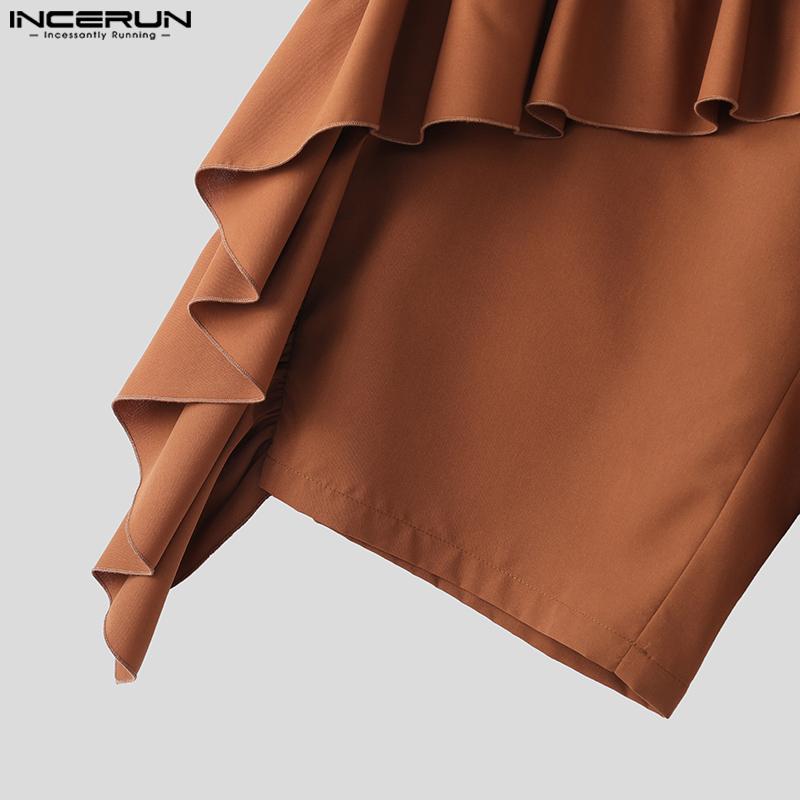 INCERUN Men Zipper Waist Irregular Ruffled Layers Casual Capri Pants