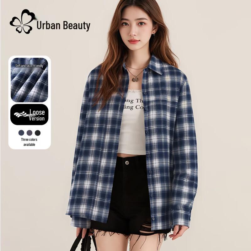 Women s Korean Style Plaid Button-Up Shirt Jacket L