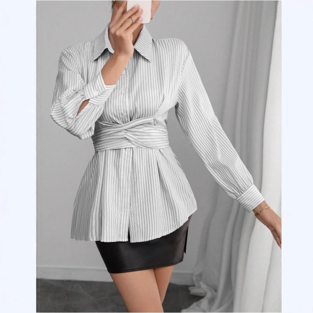 

2026 Autumn Striped Fashion Long Sleeve Shirt Irregular Belt Slimming Versatile Shirt Women s Clothing S білий