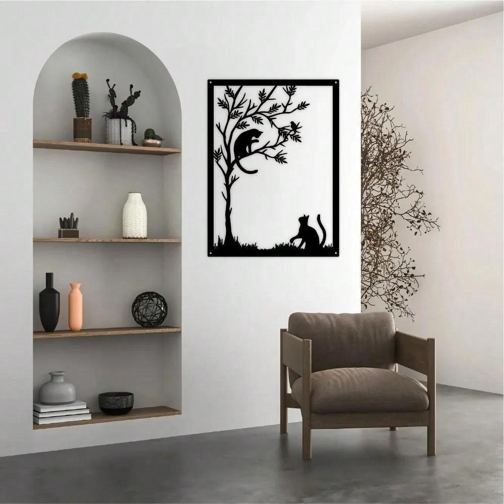 Modern Cat Silhouette Metal Wall Art Black White Branch Design Indoor Outdoor Decor Pet Lovers Gift