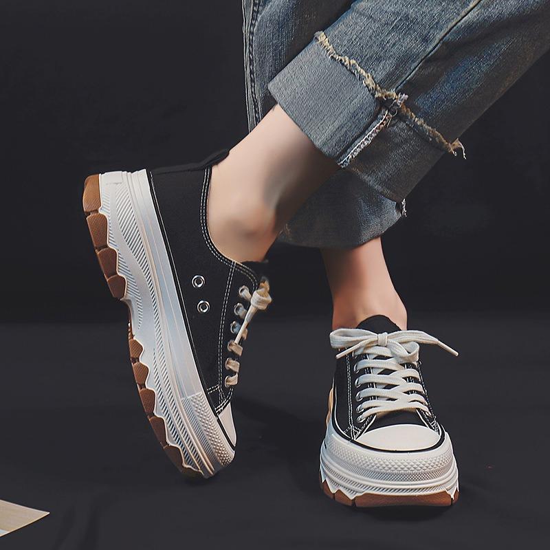 Canvas women's shoes platform heightening shoes spring and summer new wavy bottom round head lace-up classic versatile women's shoes