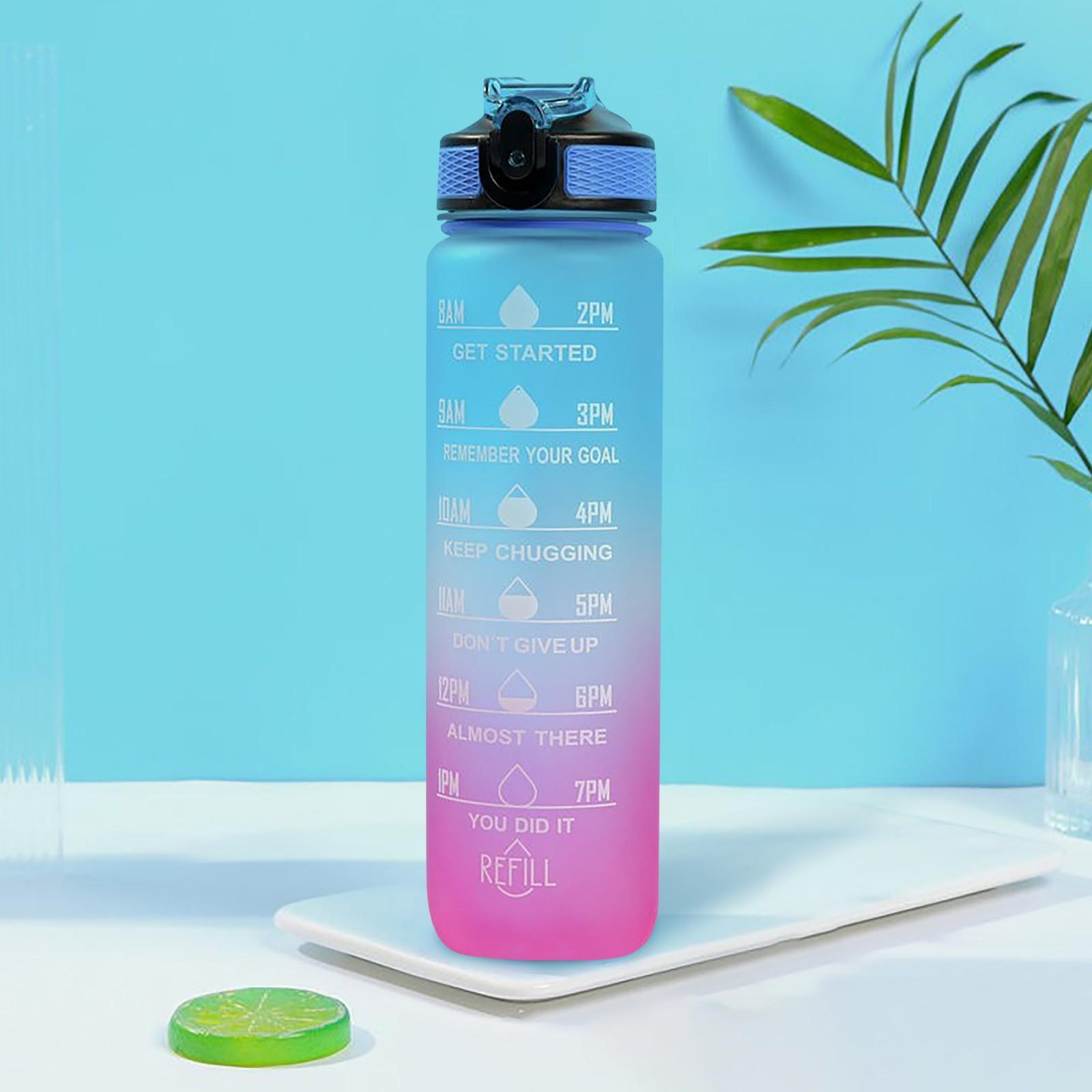 

Мотивационная бутылка для воды для фитнеса и спорта, 32 унции/1000 мл, с маркером времени и соломинкой, большая, с широким горлышком, герметичная, прочная One Size