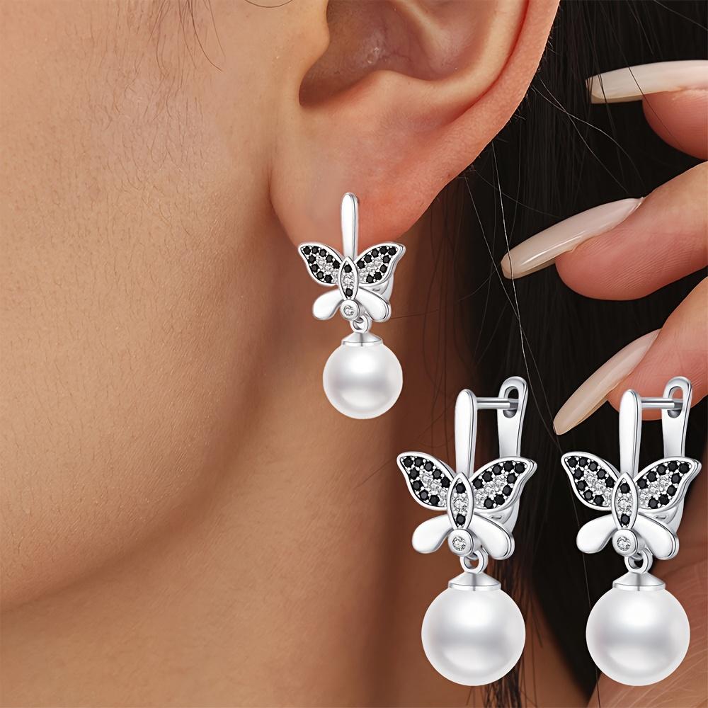 Black Awn Black Jewelry Butterfly & Pearl Drop Earrings for Women Hoop Ear Gift Earring