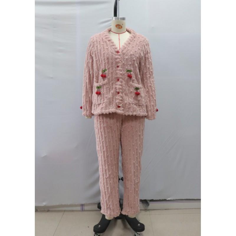 Set Pijama Călduros Căptușit cu Fleece pentru Femei Mânecă Lungă Decolteu în V Îmbrăcăminte de Noapte cu Imprimeu Cireșe Confortabil pentru Casă