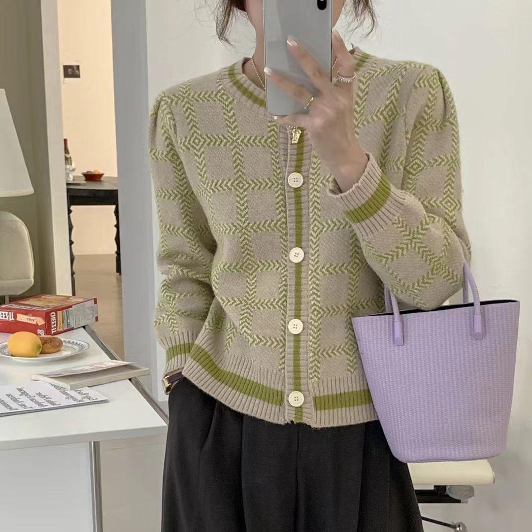

Винтажное клетчатое пальто-свитер Женская осенне-зимняя верхняя одежда Свободный ленивый стиль Дизайнерский вязаный кардиган XL светло-зеленый
