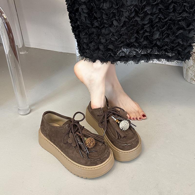2025 retro round head lace-up women's shoes British style platform versatile small fringed loafers women's single shoes trend