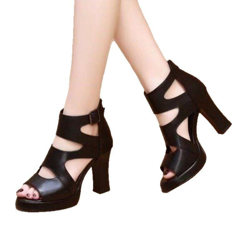 High-heeled sandals hollow fish mouth Rome 2025 new sandals summer waterproof women's versatile with thick-heeled women's sandals