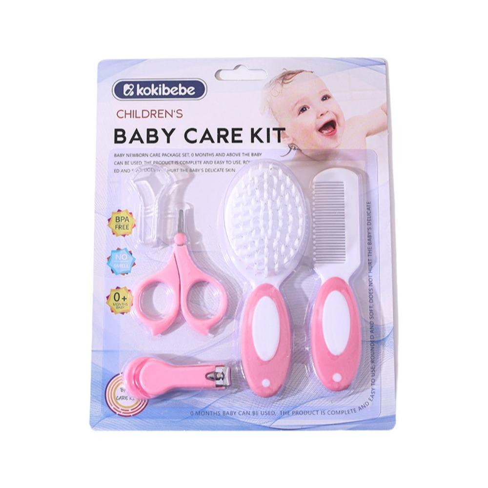 Round Tip Infant Care Set Non-slip Handle Baby Nail Clipper Baby Brush Comb Set  Baby Grooming Kit Pink Nylon