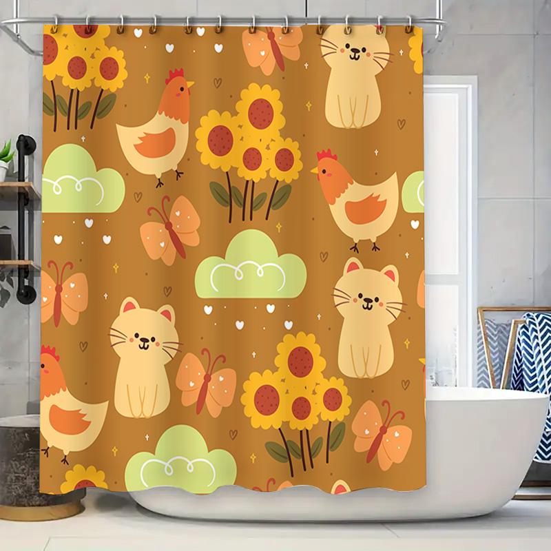 Cute Cartoon Animal Shower Curtain with Sunflower Print for Bathroom Decor Home Decoration Waterproof Fabric Shower Drapes Warm