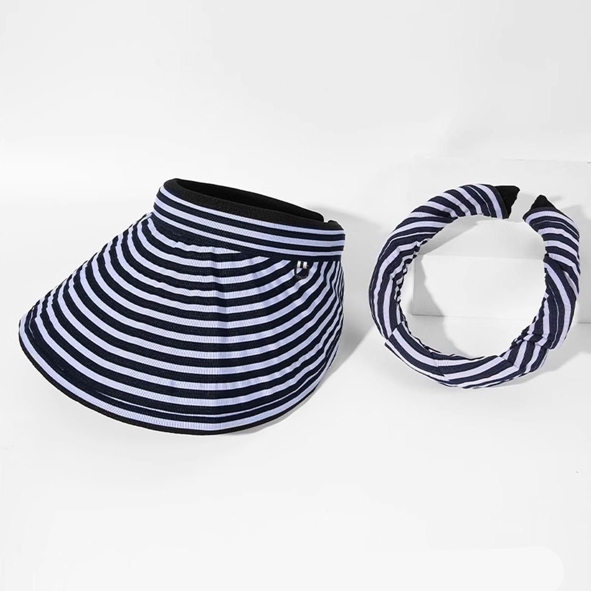 

New summer striped headband hat dual-purpose empty top sun protection hat outdoor beach sun hat breathable large sun hat Adjustable Темно-синій