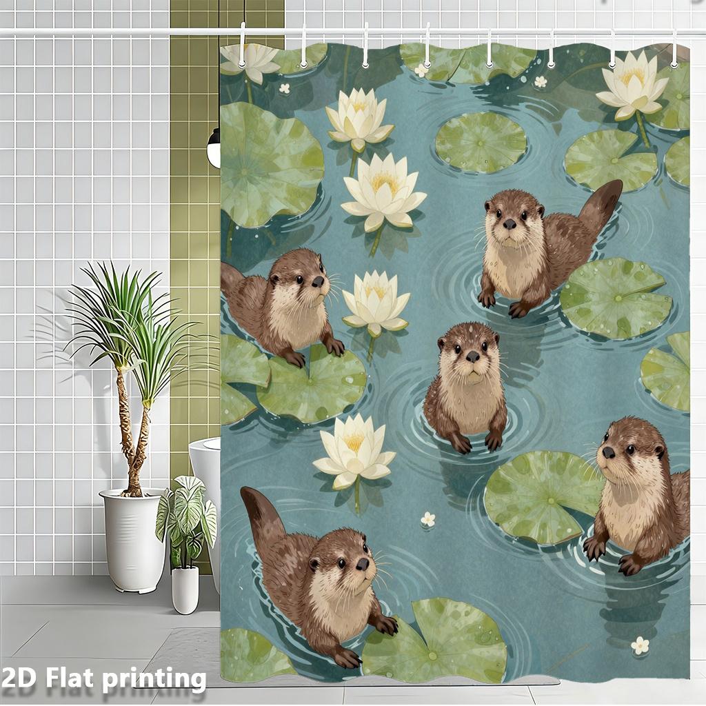 Otter Shower Curtain – Swimming Otters with Water Lilies & Lily Pads, 2D Flat Print, Polyester, Grommet Top, 71x71 Inch