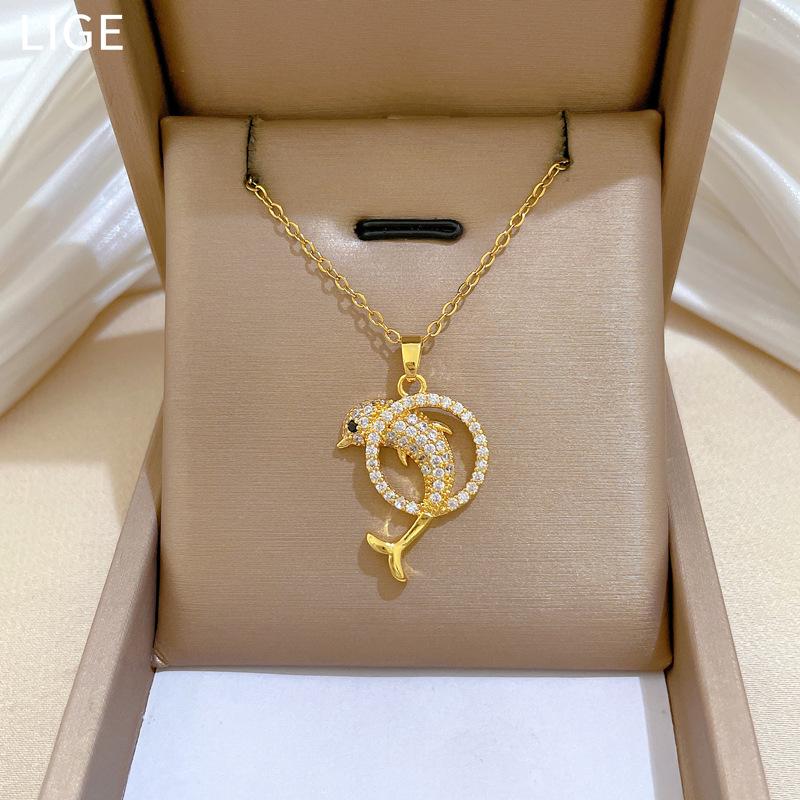 Titanium Steel, Dolphin Leap Ring Light Luxury Temperament Gorgeous Full Diamond Necklace Female Versatile Collarbone Chain Titanium Steel Chain