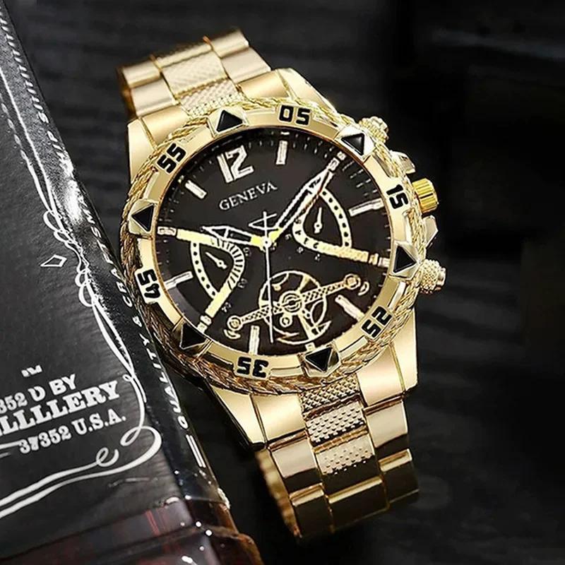 Luxury Men's Quartz Watch Classic Business Men Wristwatch Large Dial Alloy Steel Strip Blue Light Three Eye Men's Quartz Watch