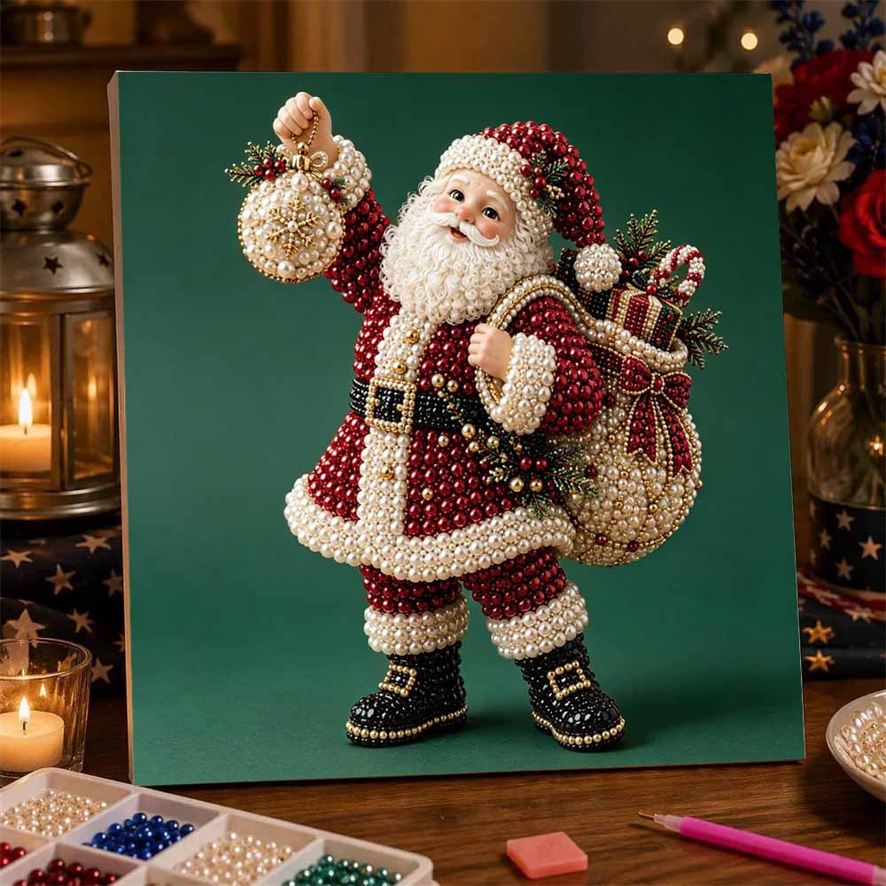 Creative DIY Framed Pearl Art Kit with Christmas Santa Pattern Sparkling Bead Canvas Ready to Display Relaxing Holiday Gift for Adults