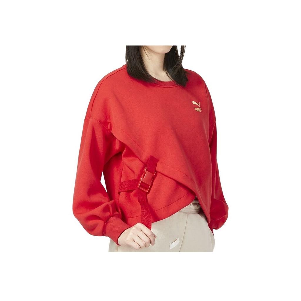 PUMA Solid Color Sport Casual Round Neck Short Long Sleeve Sweatshirt Women Tops Red 539590-11