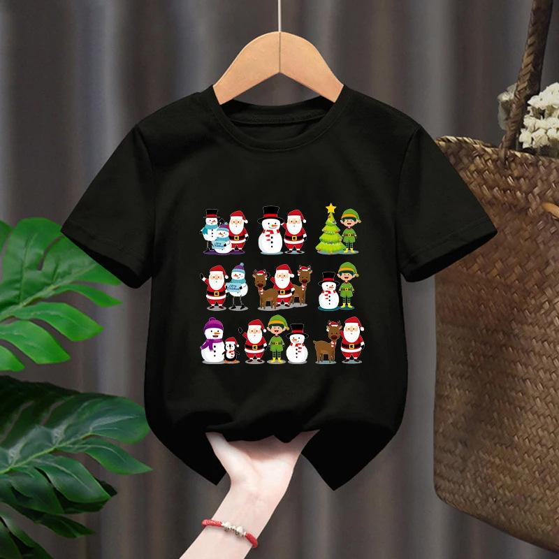 Neformální kreslené chlapecké a dívčí tričko top, vánoční Santa Claus sob s krátkým rukávem dětské oblečení, kulatý výstřih