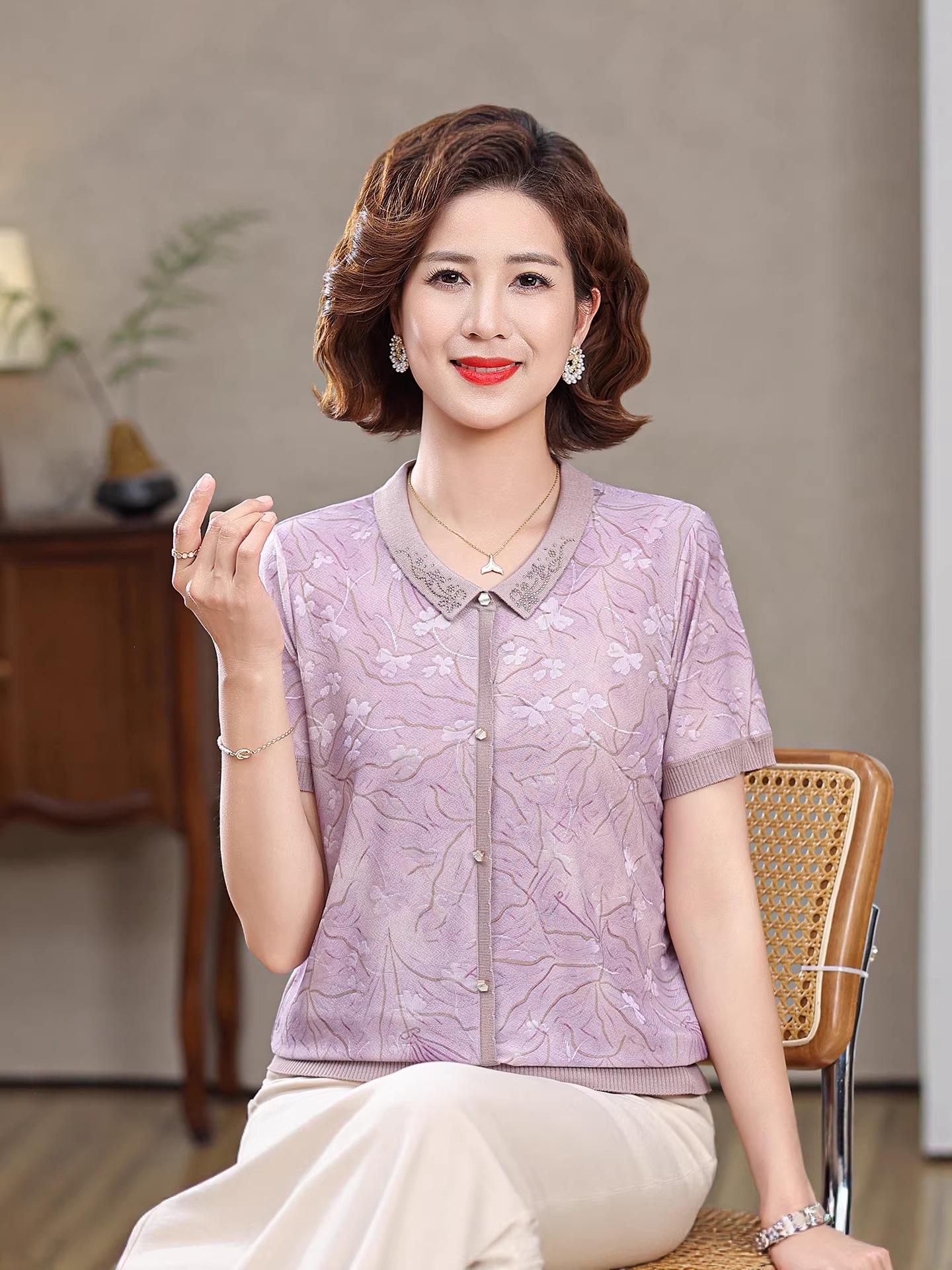 

2026 Chinese Style Ice Silk Knit Summer T-Shirt Set for Middle-Aged Moms 2XL (recommended for 135-150 jin) фиолетовый