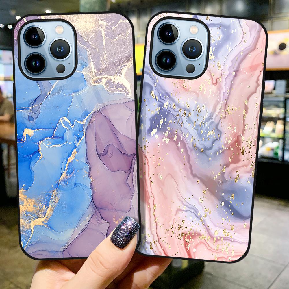 Kunst Marmor Mode Telefon Fall Für Iphone 14 13 11 12 Pro Max Mini Xs Xr X 7 8 6s Plus Se 2022 Gehärtetem Glas Abdeckung Stoßstange Fundas