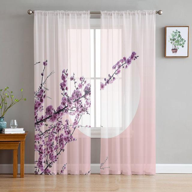 Japanese Sakura Cherry Blossoms Tulle Window Curtain Modern Sheer Drapes For Living Room Bedroom Kitchen Custom Size