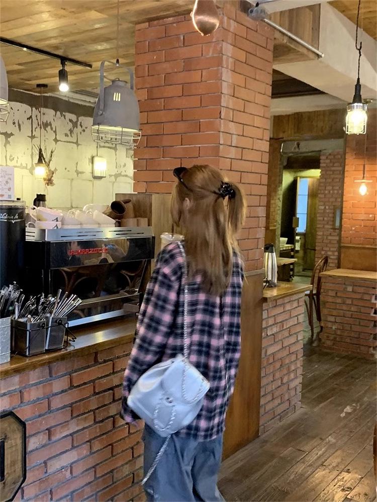 2024 Black & Pink Plaid Women's Shirt - Spring/Autumn Sunscreen Jacket, Korean-Style Niche Design