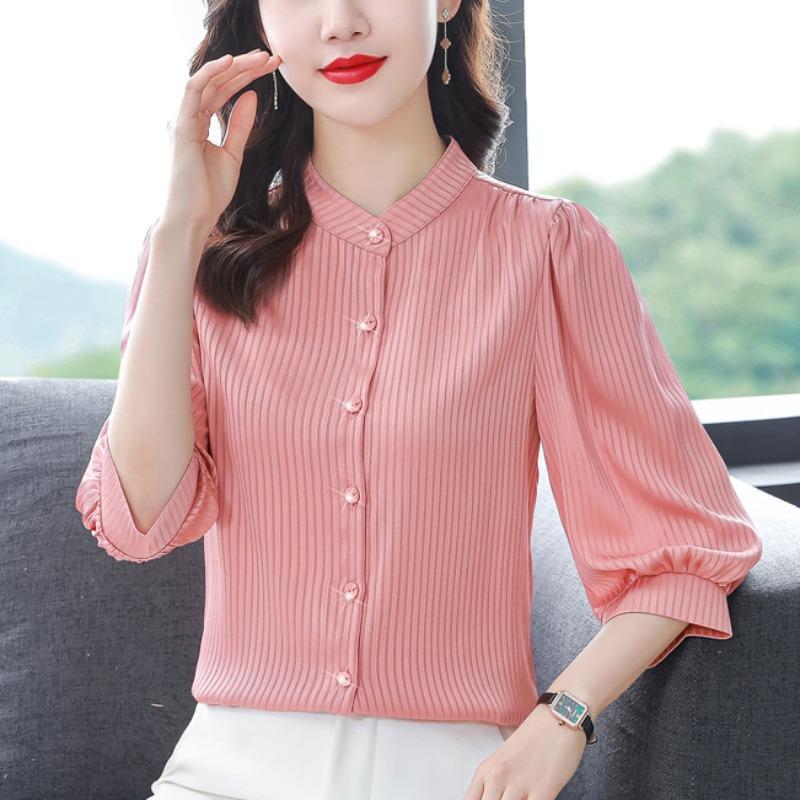 New Women's White Shirt Spring Autumn 3/4 Sleeve Striped Top Summer Loose Reducing Age Puff Sleeve Bottoming Blouse S-4XL