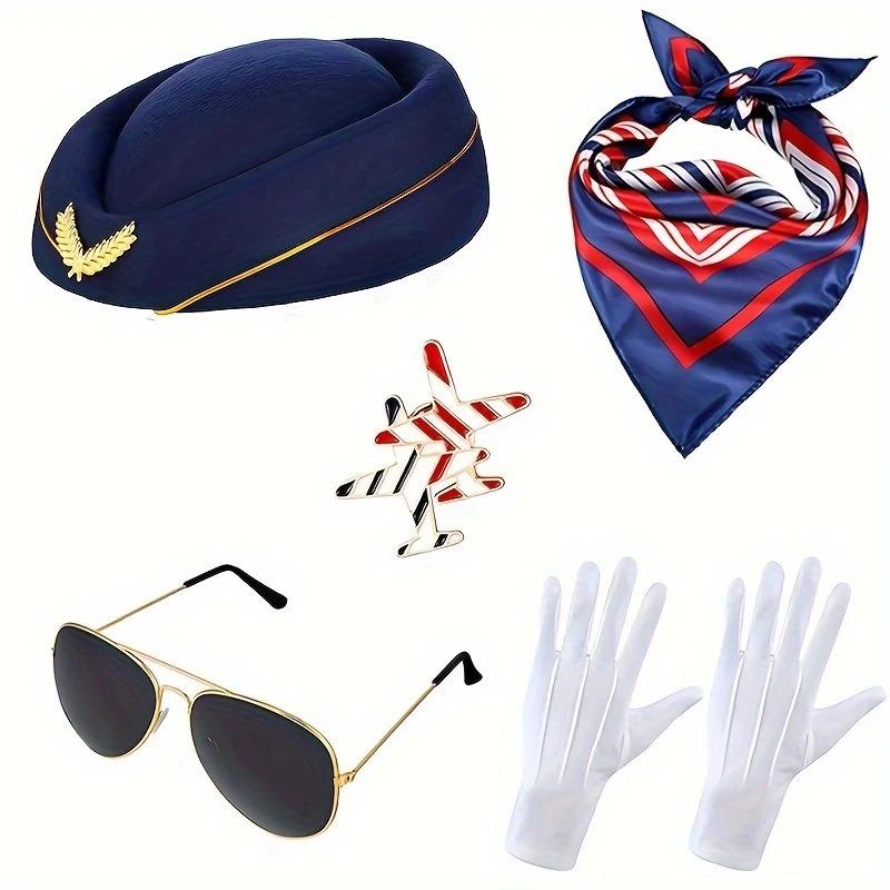 5-teiliges/Set Pilot Flugbegleiterin Uniform Set mit Barett Schal Handschuhe Sonnenbrille Flugzeugabzeichen für Stoff Kunststoff Zubehör