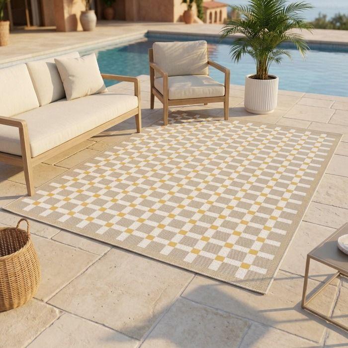 Tapis extérieur intérieur damier moderne jaune et beige 160x230