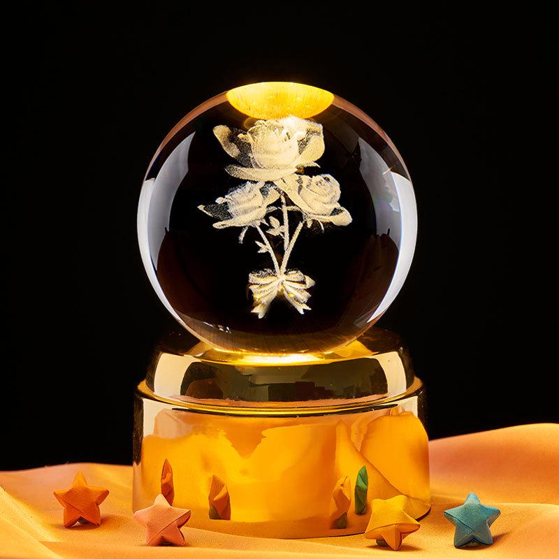 Crystal Ball Night Light with Three Rose Stickers – Elegant Desktop Ornament & Birthday Gift for Girls, Friends, or Boyfriend