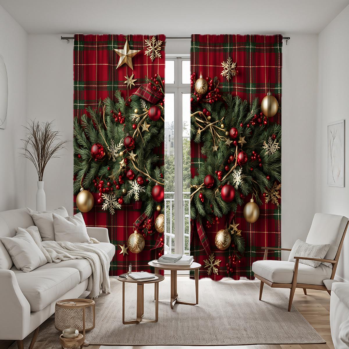 

2 шт. HD Рождественская гирлянда из ротанга, цветной шар, декоративная занавеска, зеленая завязка, цифровая печать, занавеска, украшение для дома в стиле деко W52H63inchW132H160cm