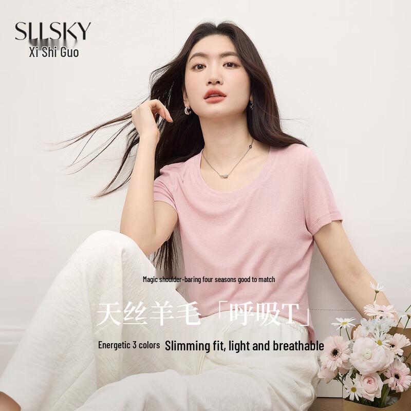 SLLSKY Women s Tencel Wool Blend U-Neck Short Sleeve Tee EU 44