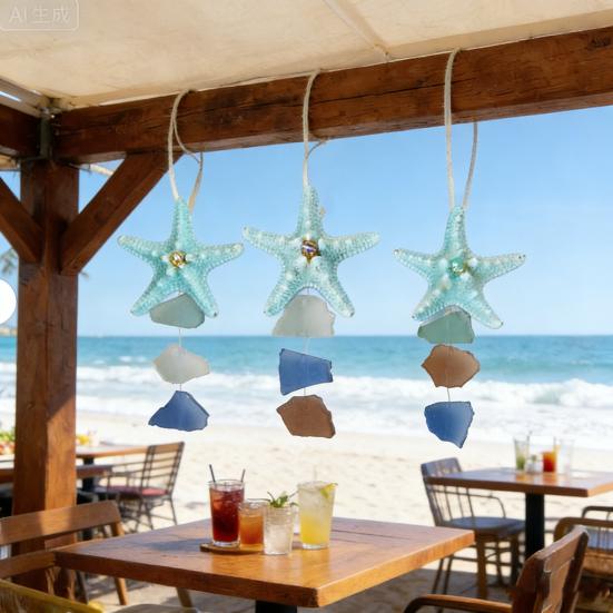 3Pcs Seaglass Hanging Decoration Handmade Bohemian Coastal Nautical Starfish Sea Glass Art Home Office Beach House Wall Ornament Pendant