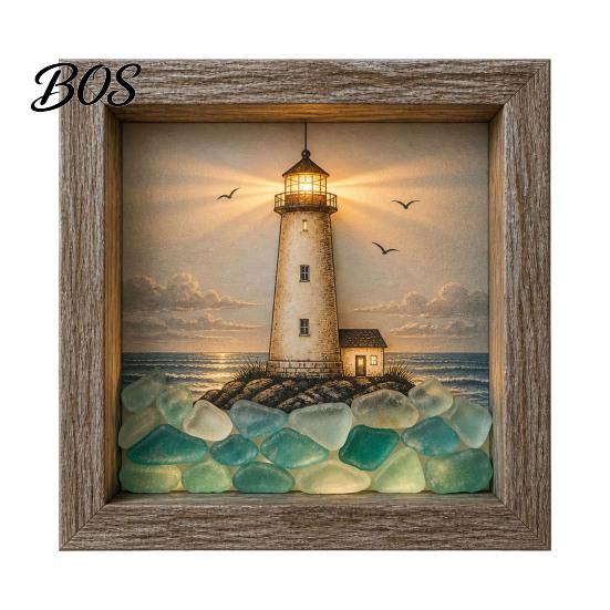 Tabletop Decorative Light Sea Glass Art Painting with LED Light, DIY Mosaic Arts and Craft Kit, Desk Accessory Ocean Themed Beach Kit for Home Office