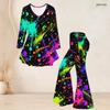 Women Plus Size V Neck Three Quarter Sleeve Printed Flared Top And Flared Pants Two Piece Set