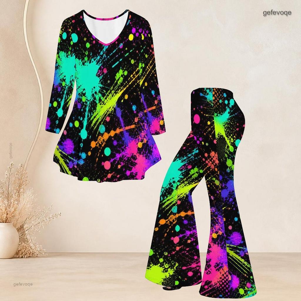 Women Plus Size V Neck Three Quarter Sleeve Printed Flared Top And Flared Pants Two Piece Set
