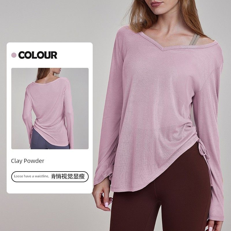 

Блузка для йоги с длинными рукавами, длиной до бедра, женская, плиссированная, на кулиске, футболка, свободная, повседневная, летняя, для тренировок, средней длины, длинная, большого размера, дышащая Clay Powder L
