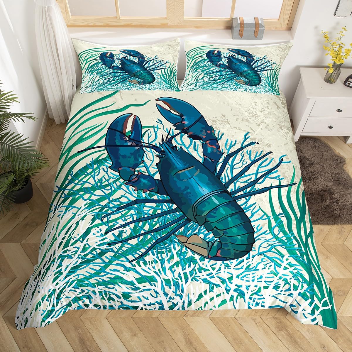 Sea Animals Bedding Sets for Kids Boys Girls Queen Lightweight Duvet Covers Lobster Bedspread Covers Bedroom Decor No Comforter (135x200cm)