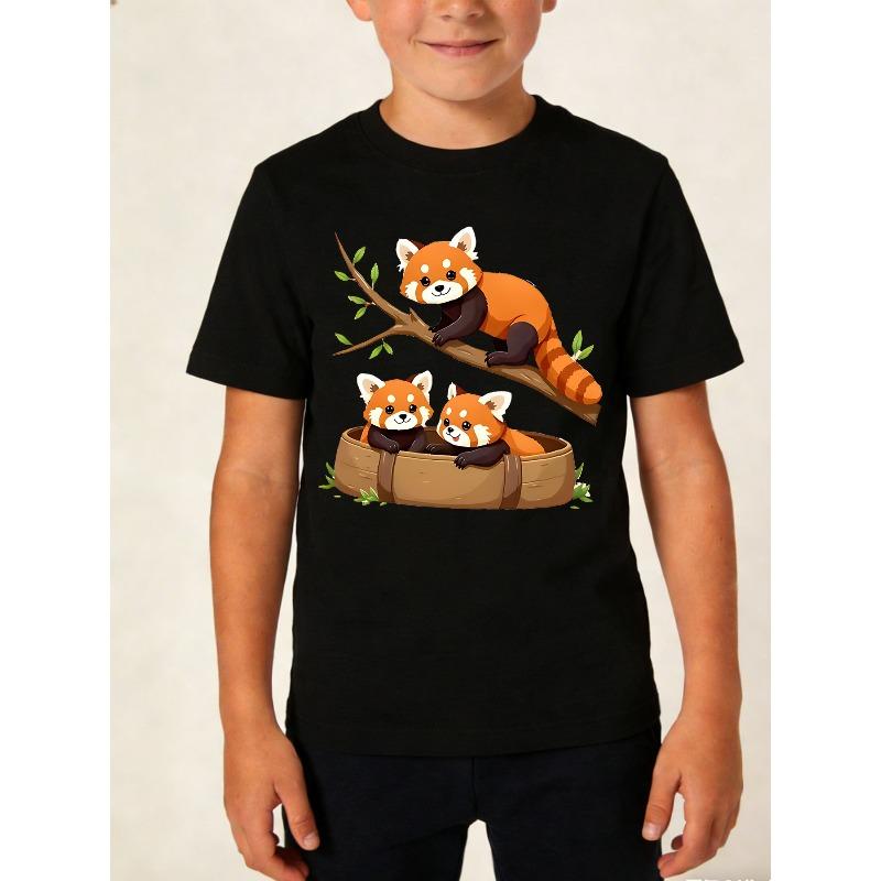 Boys Crewneck Short Sleeve T-Shirt, 3 Orange-Red Pandas Natural Healing Print Soft Playful Summer Tee