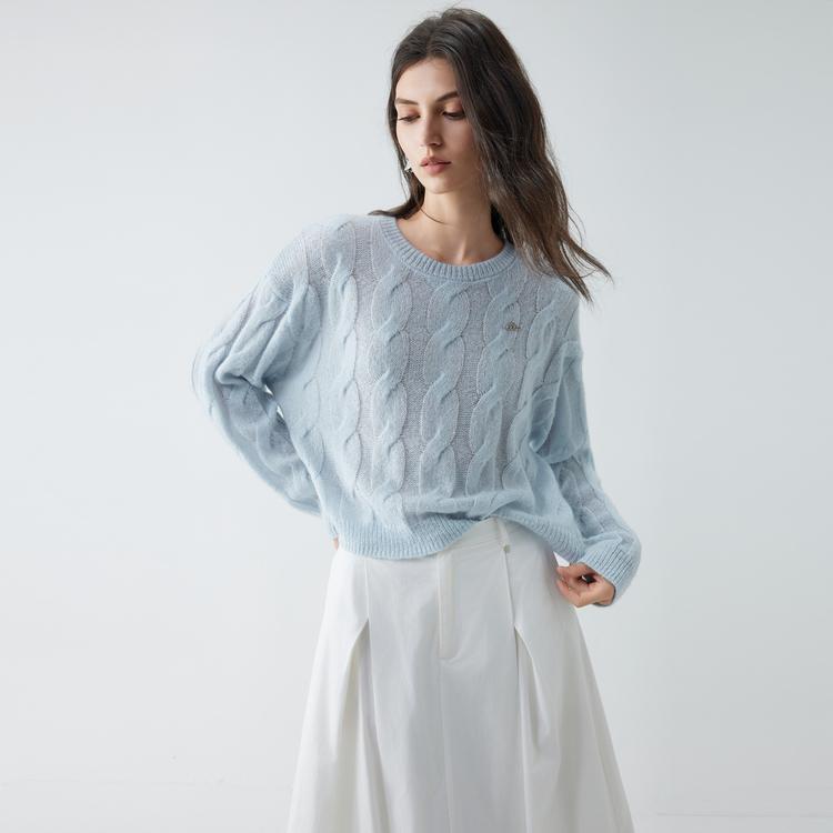 ELLE French Cable Knit Fashion Mohair Design Casual Short Loose Pullover Sweater Women Tops L8AZC141