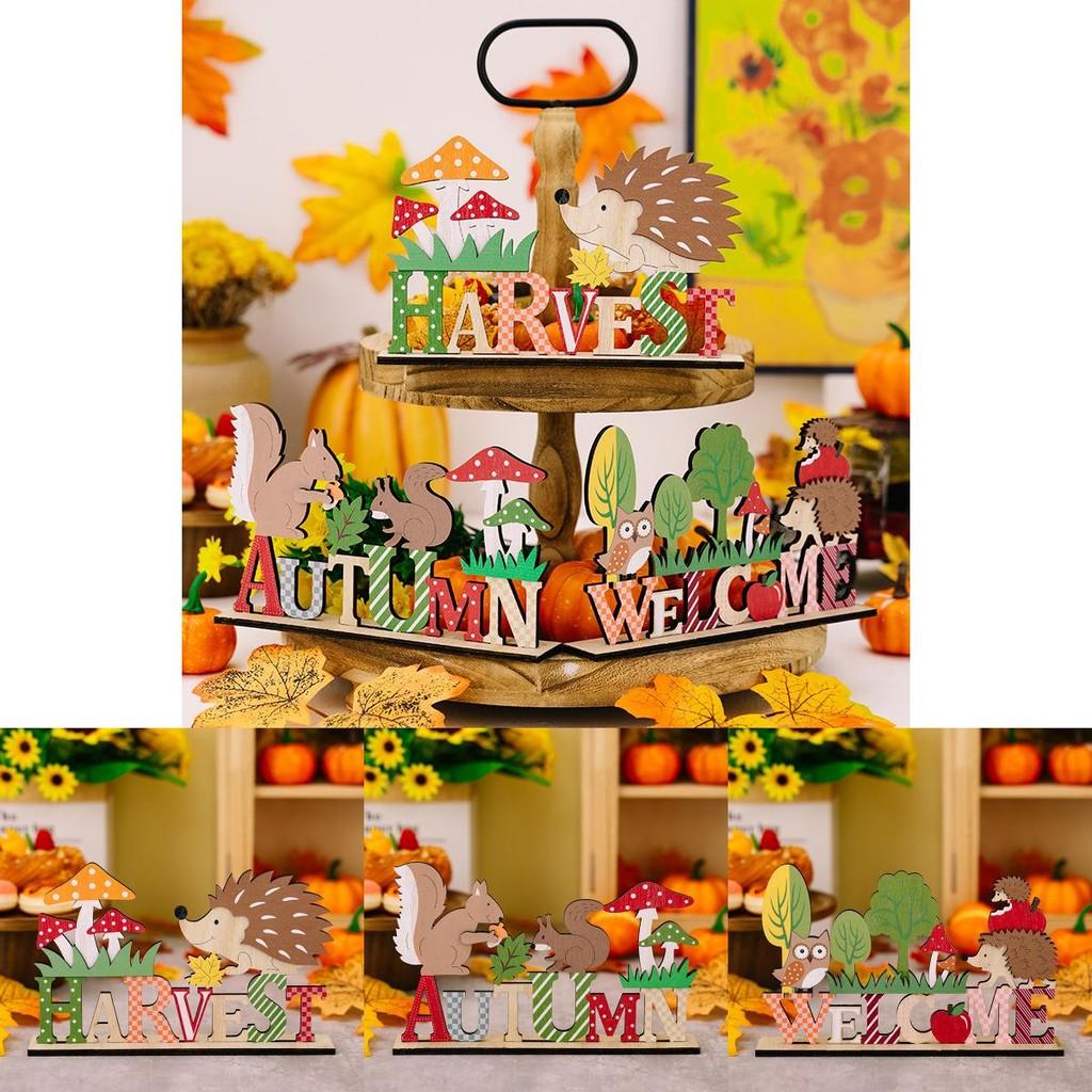 Stylish Harvest Season Wooden Animal Display Featuring Hedgehog And Designs Squirrel